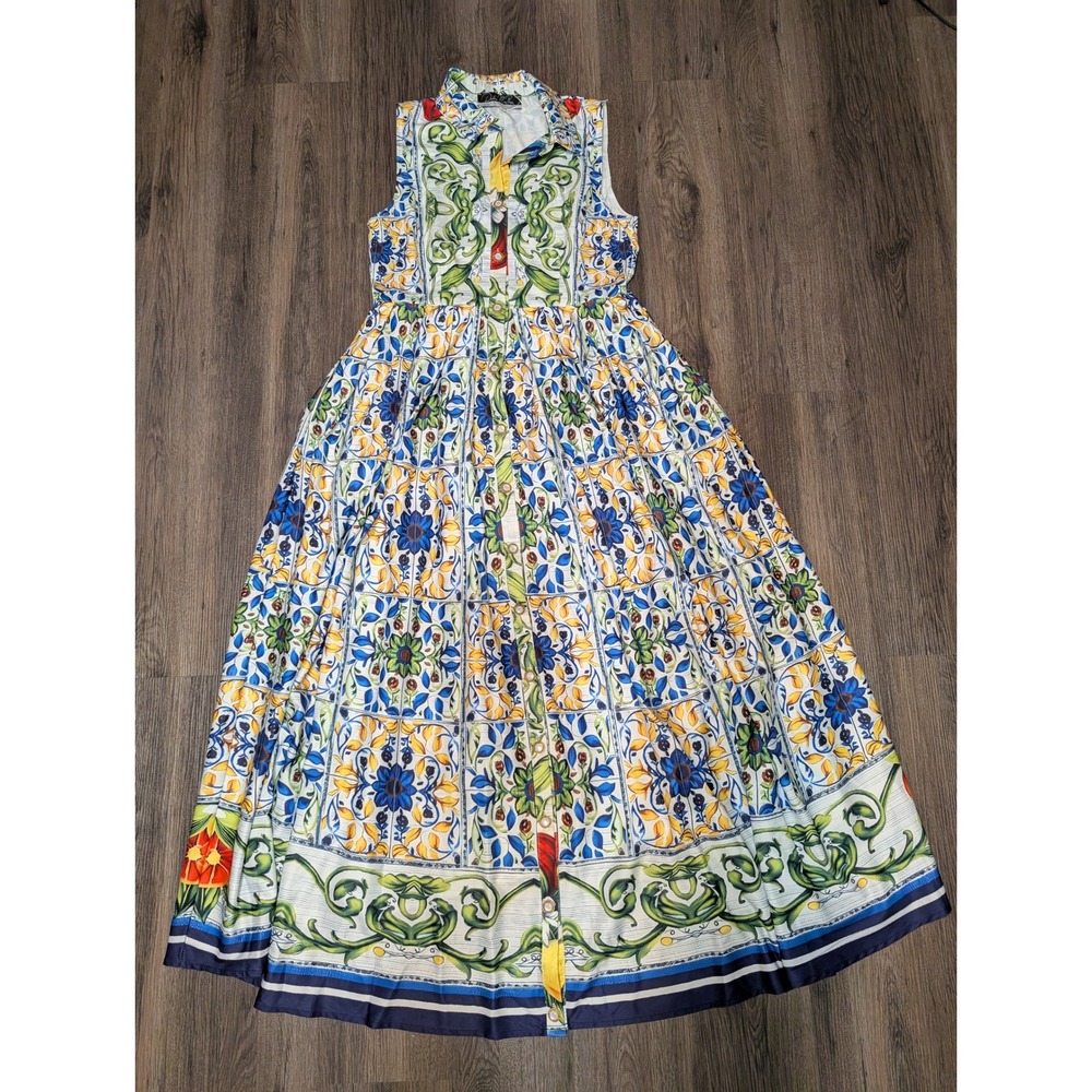 Dalia MacPhee Tile Print Maxi Dress Collared Sleeveless‎ Summer Medium